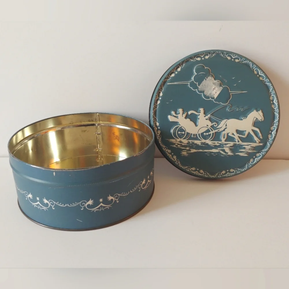 Vintage Tin Box Faux Wedgewood China Embossed Horse and Buggy Blue White
